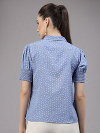 Style Quotient Polka Dots Printed Smocked Tie-Up Collar Puff Sleeves Top