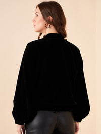 Antheaa Black Floral Collar Collar Collar Velvet Jacket yang disesuaikan