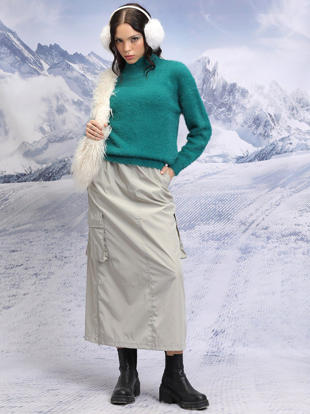 Tokyo Talkies Teal High Neck Long Sleeves Acrylic Pullover Sweater