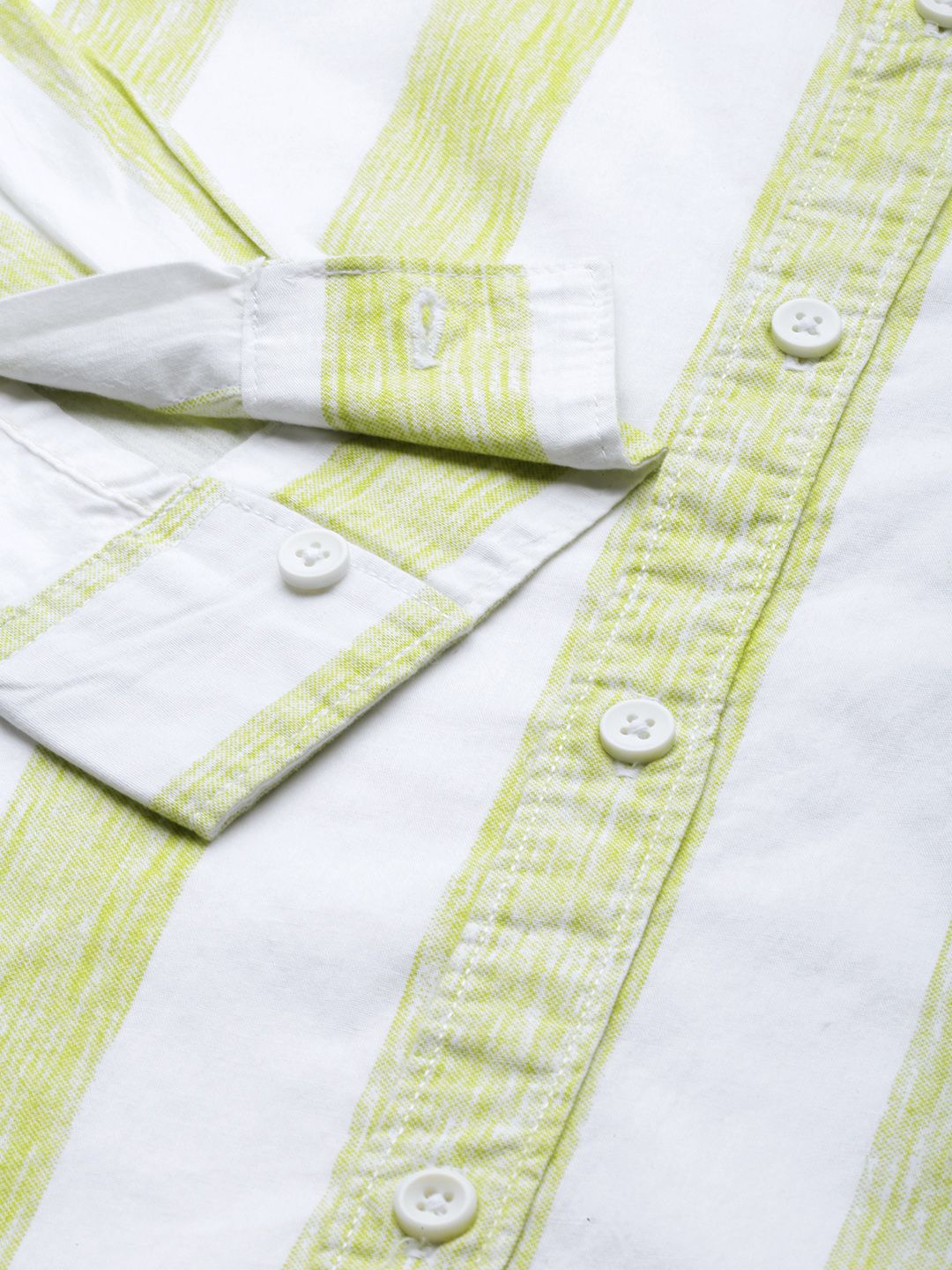 The Indian Garage Co Men White & Green Striped Pure Cotton Casual Shirt