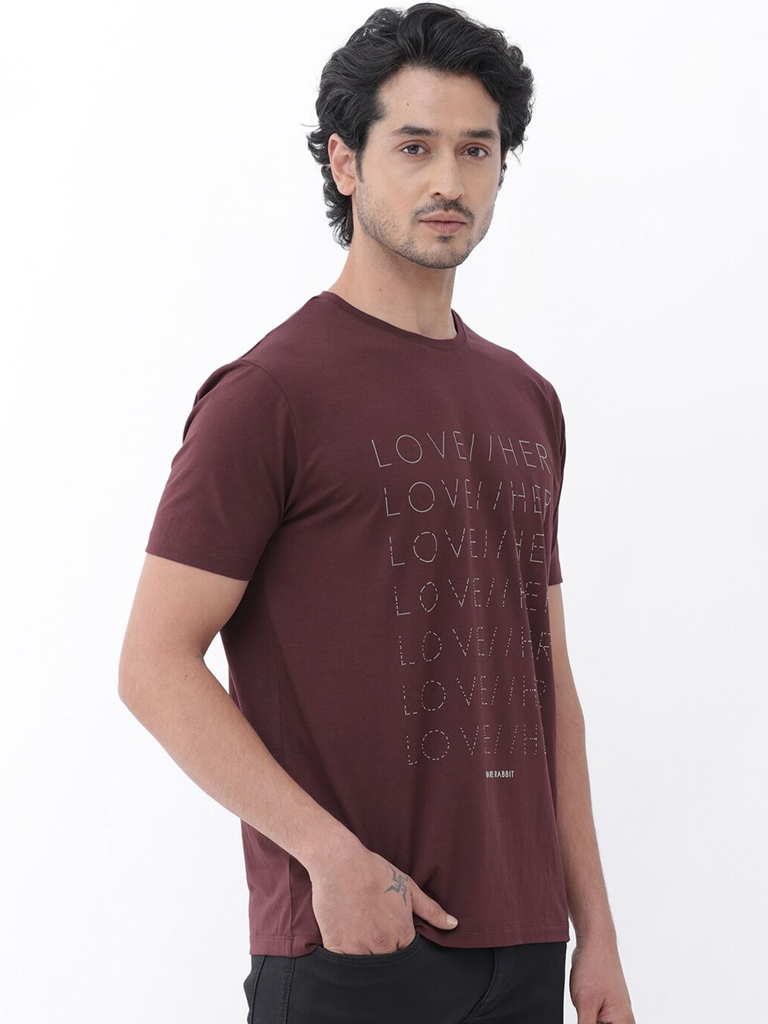 RARE RABBIT Men Love Her Skinny Fit Typography Printed Cotton T-Shirt