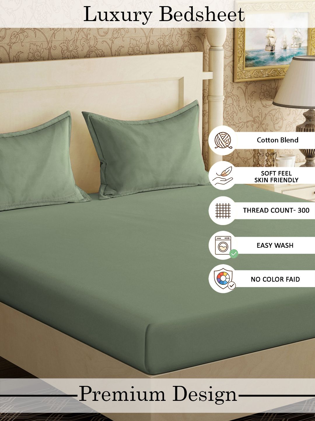 Myntra Elegant Homes Green 300 TC King Double Bedsheet with 2 Pillow Covers