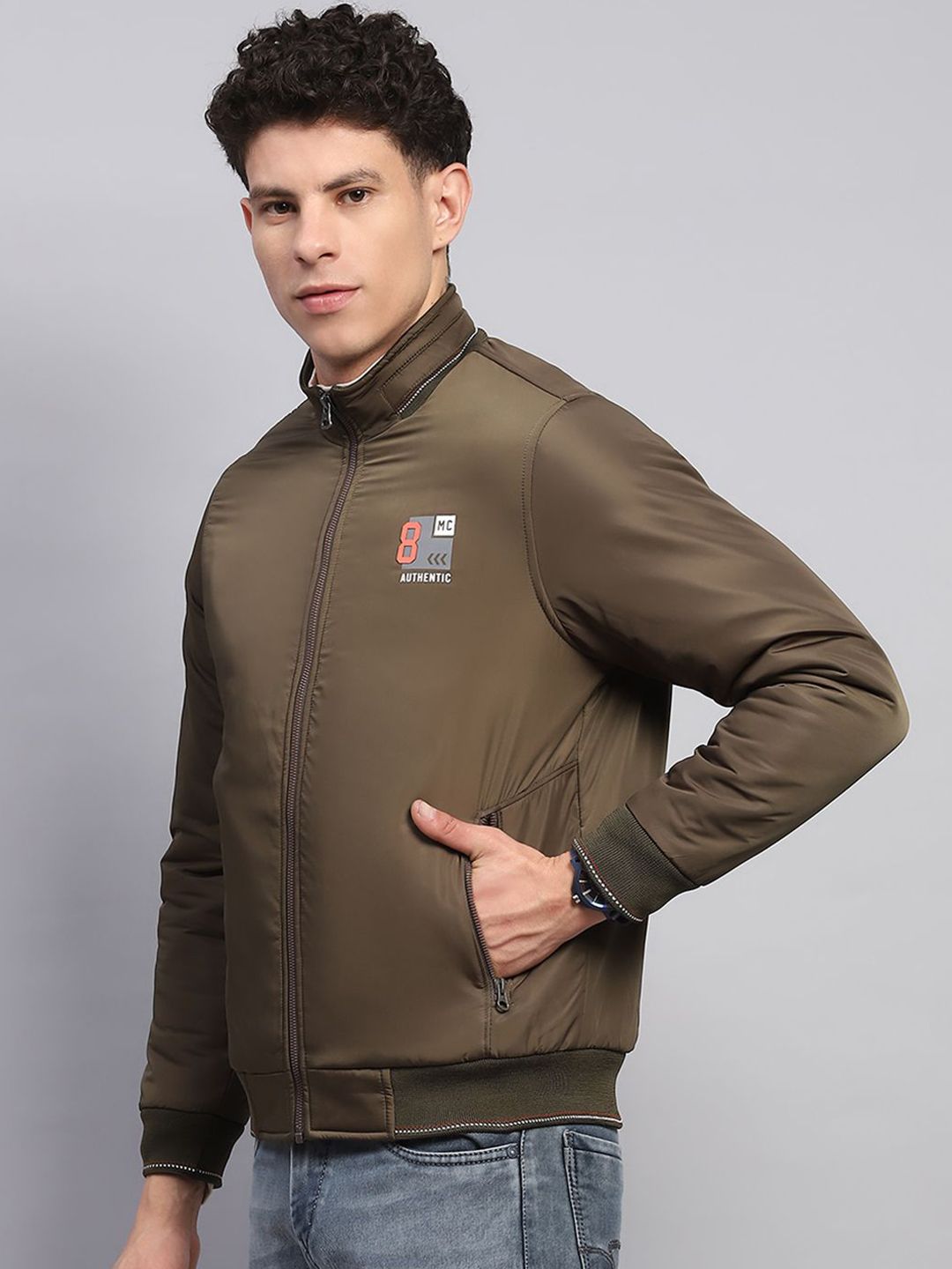 Monte Carlo Men Mock Collar Solid Casual Bomber Jacket