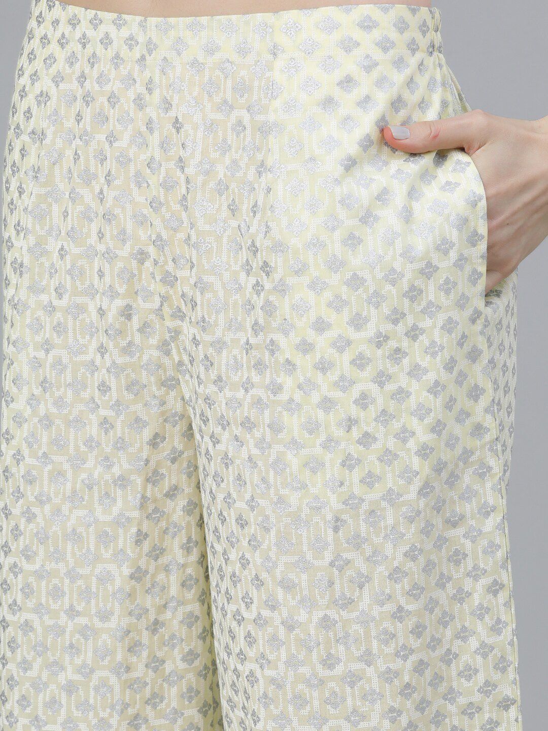 Libas Women Yellow & Silver-Coloured Cotton Printed Kurta with Palazzos & Dupatta