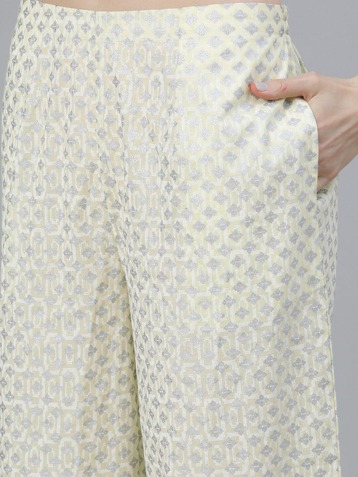Libas Women Yellow & Silver-Coloured Cotton Printed Kurta with Palazzos & Dupatta
