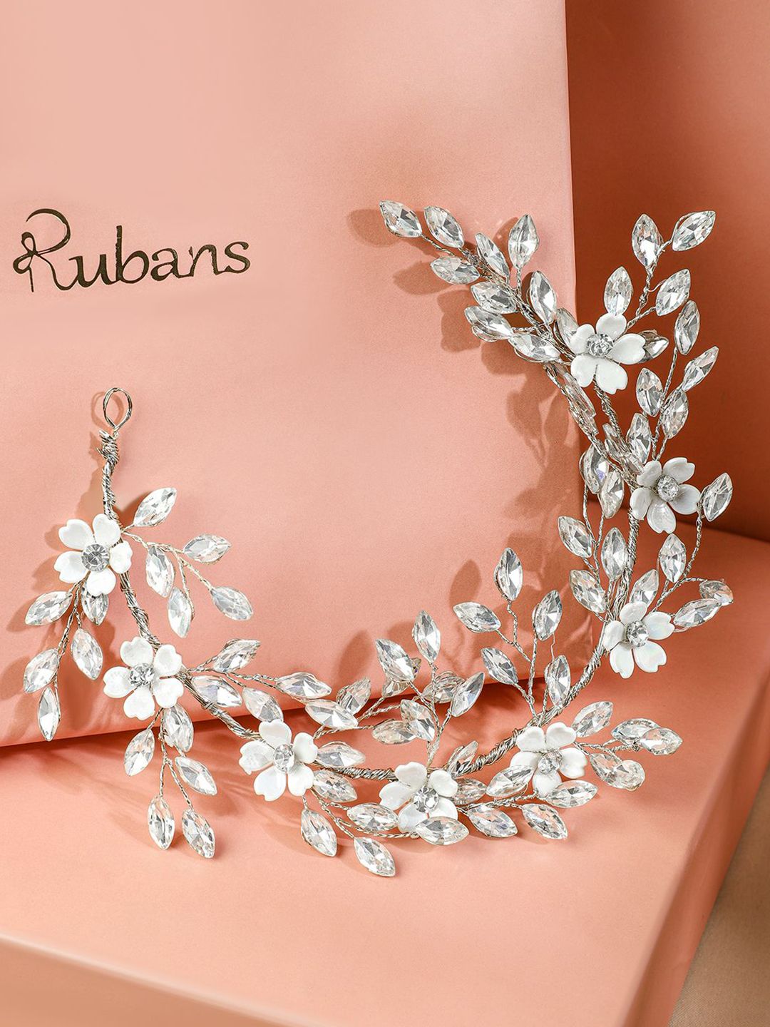 Rubans Silver-Toned Crystal Beaded Floral Tiara Hair Accessory with Pearls