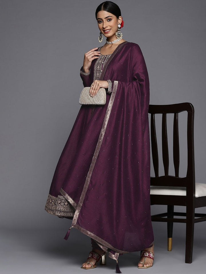 Libas Women Burgundy Floral Motifs Embroidered Sequinned Kurta with Churidar & Dupatta