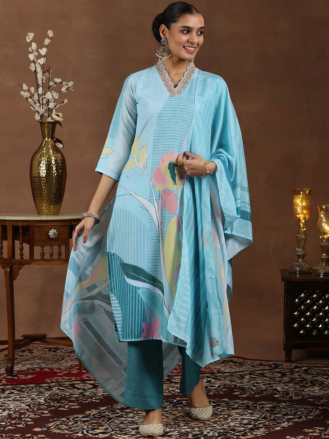 Libas Floral Printed Zari V-Neck Straight Kurta With Trouser & Dupatta
