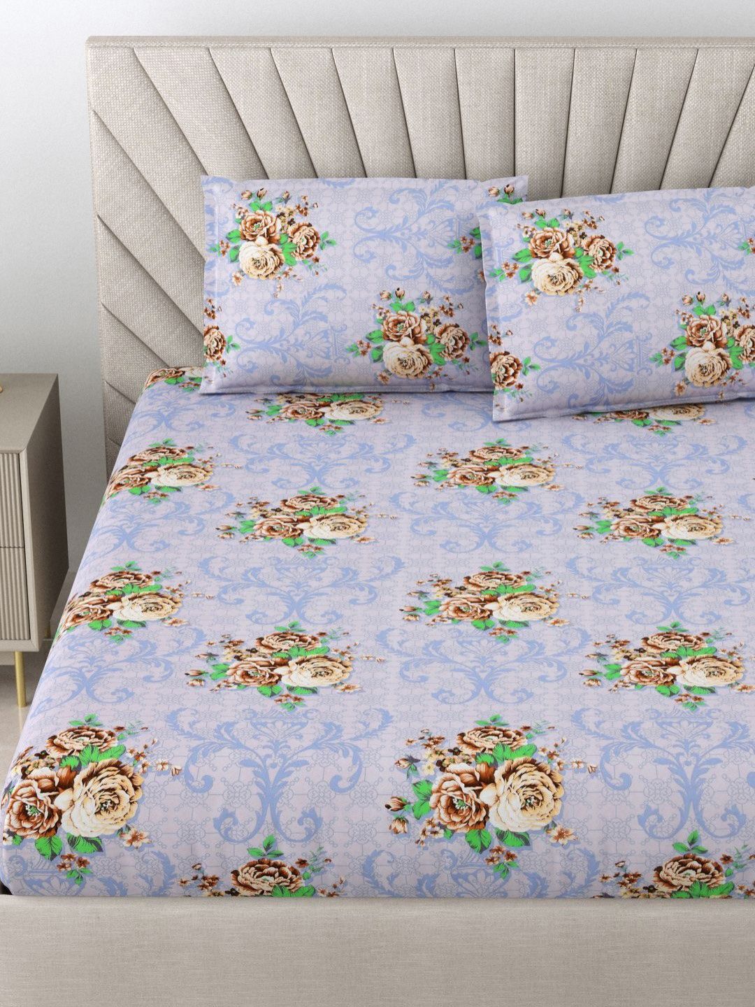 BOMBAY DYEING Dream Lover Purple Floral Cotton 104 TC Queen Bedsheet Set 2.54 x 2.24m