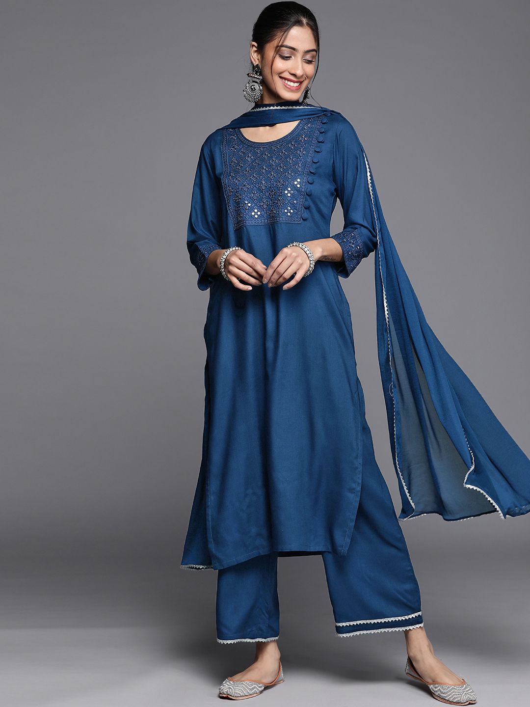 Libas Women Blue Embroidered Kurta with Palazzos & Dupatta