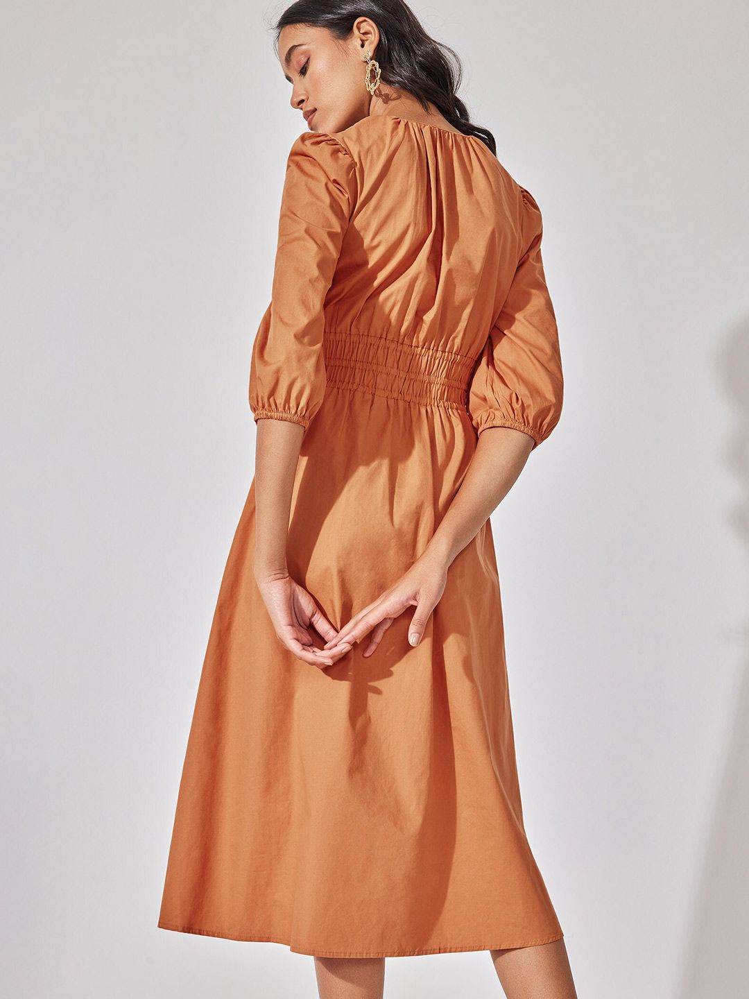 The Label Life Tie-Up Neck Smocked Fit & Flare Cotton Midi Dress