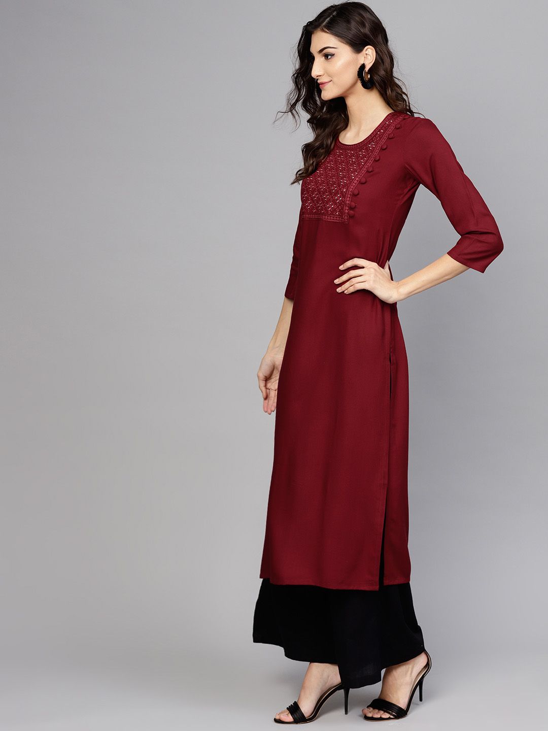 Libas Women Maroon Yoke Design Straight Kurta