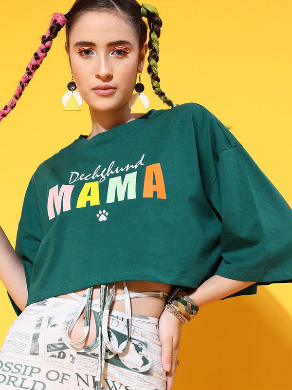 STREET 9 Women Green Printed Cotton Drop-Shoulder Sleeves Bio Finish Boxy T-shirt