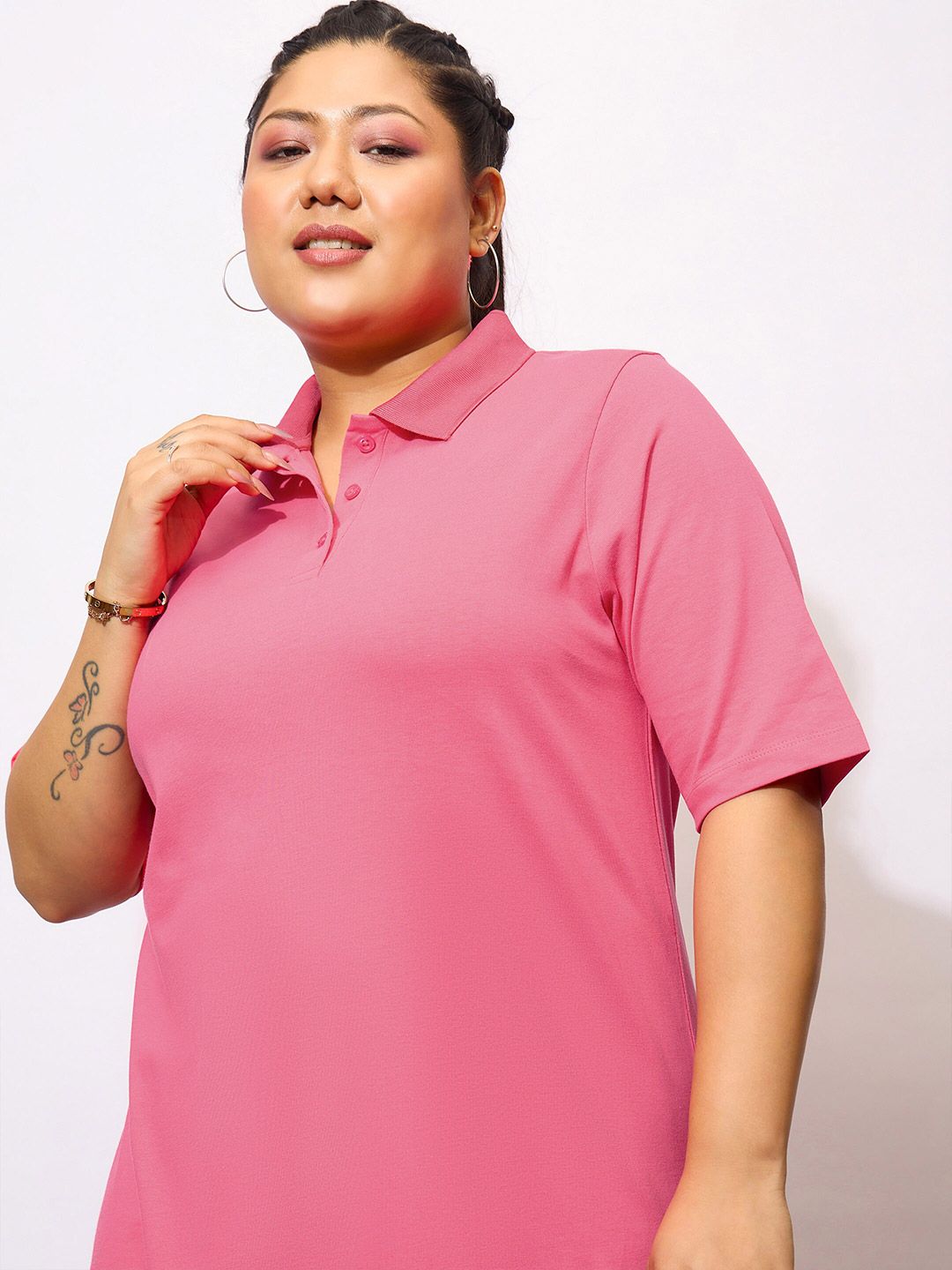 SASSAFRAS Curve Plus Size Polo Neck T Shirt Pure Cotton Midi Dress