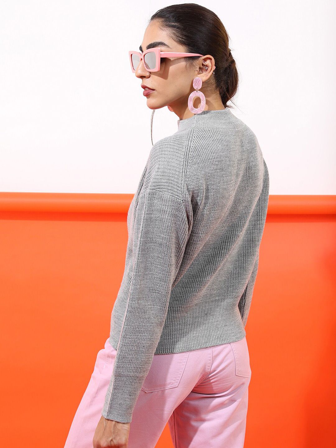 Tokyo Talkies Women Grey Solid High Neck Long Sleeve Acrylic Pullover Sweater