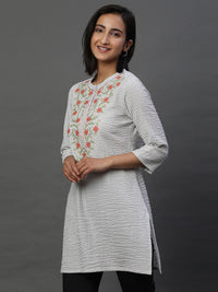 AURELIA Striped Mandarin Collar Thread Work Pure Cotton Kurti