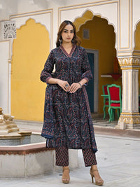 KALINI Floral Printed Pleated Straight Kurta With Trousers & Dupatta
