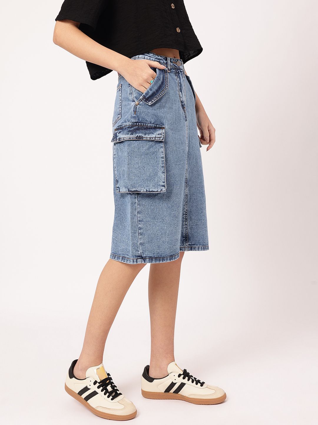 DressBerry City Chic Back Slit Cargo-Style Denim Midi Skirt