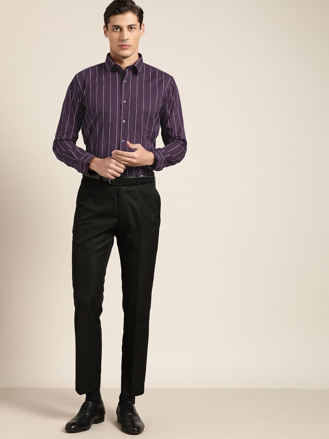 Hancock Men Purple Slim Fit Striped Pure Cotton Formal Shirt