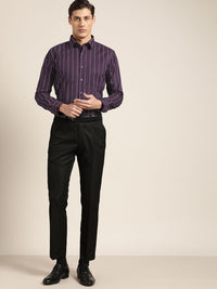 Hancock Men Purple Slim Fit Striped Pure Cotton Formal Shirt