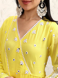 Vishudh Yellow Embroidered Mirror Work Pure Cotton Angrakha Kurta With Trousers & Dupatta