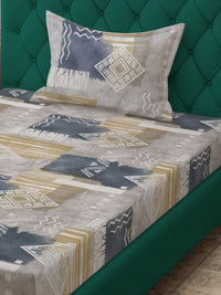 KLOTTHE Grey Geometric Printed Pure Cotton Fitted 400 TC Single Bedsheet With Pillow Cover