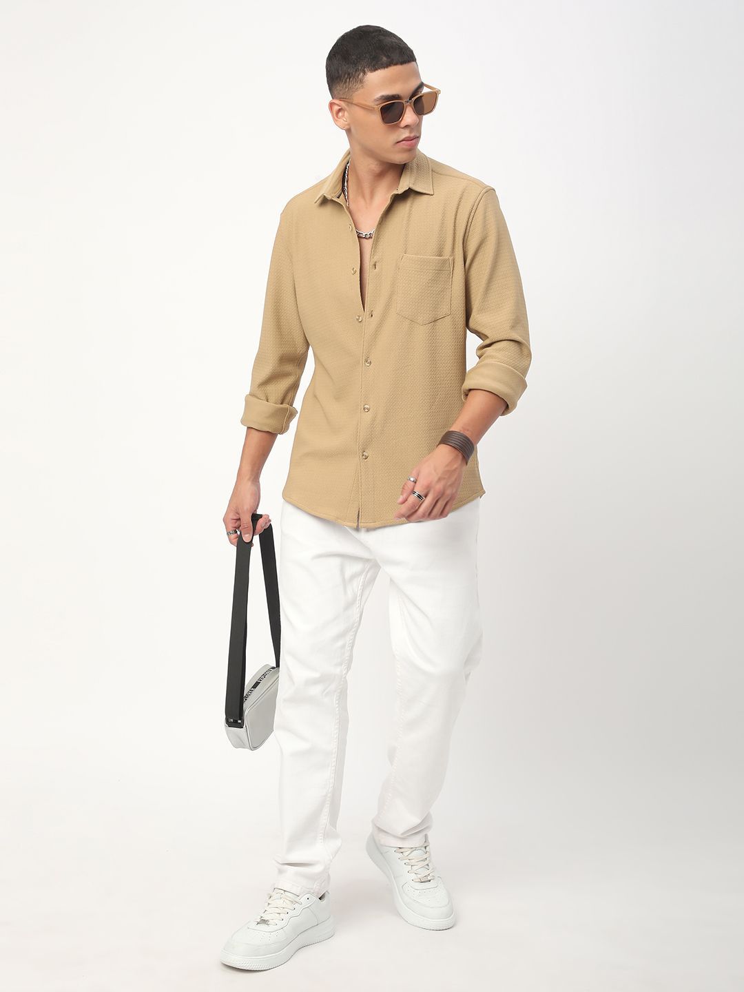 VASTRADO Men Classic Cutaway Collar Textured Casual Shirt