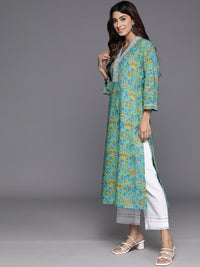 Varanga Floral Printed Flared Sleeves Thread Work Pure Cotton Kurta