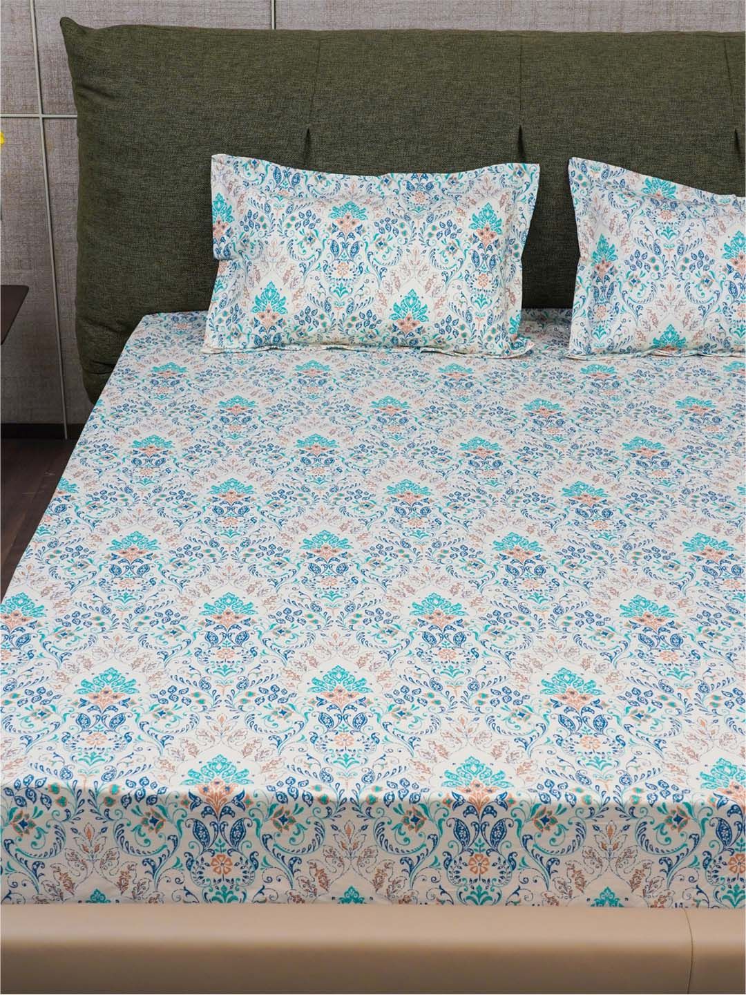 URBAN SPACE Serene White & Blue Printed Cotton 200 TC Single Bedsheet with Pillow Cover