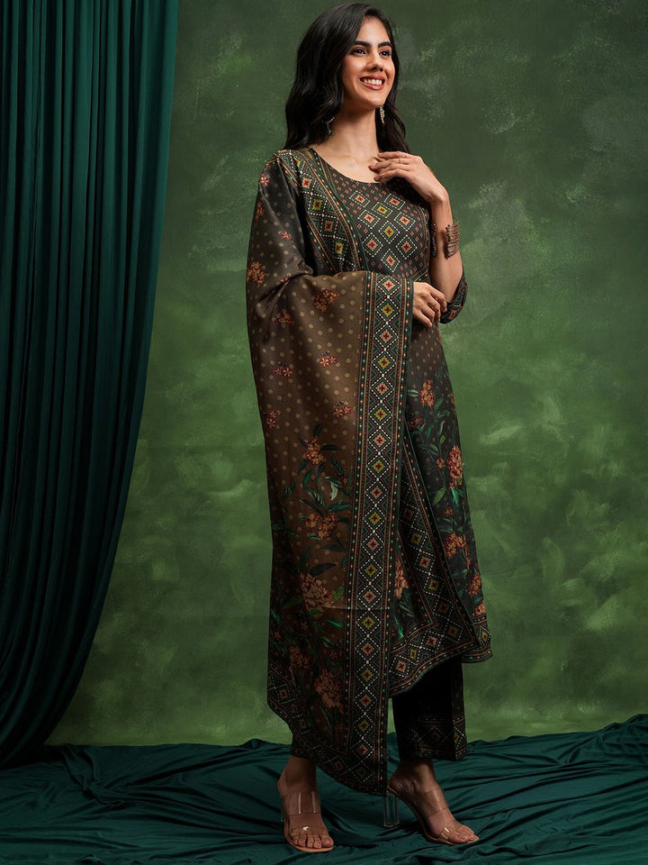 Vishudh Brown Floral Printed Regular Kurta with Trousers & Dupatta