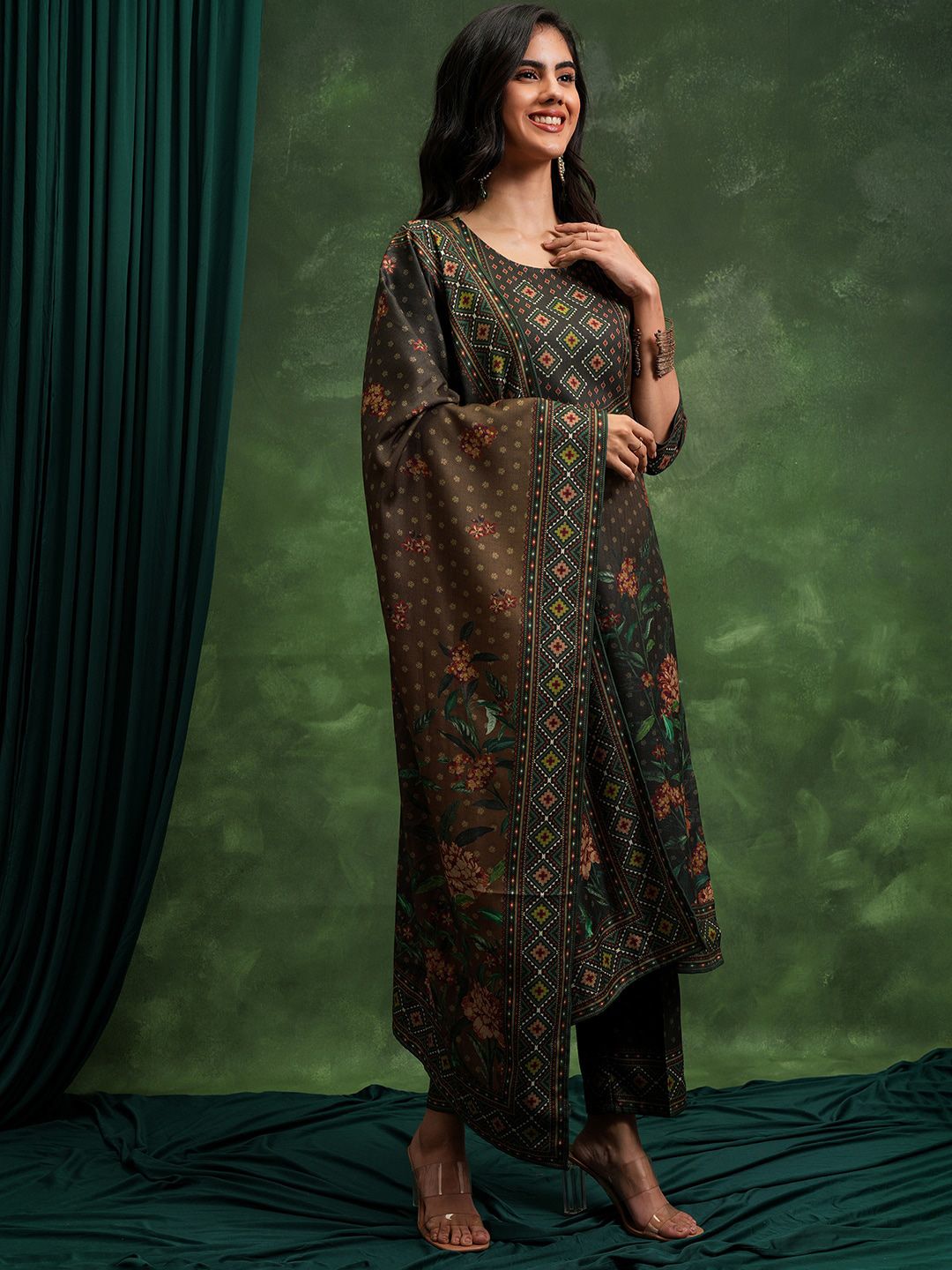 Vishudh Brown Floral Printed Regular Kurta with Trousers & Dupatta