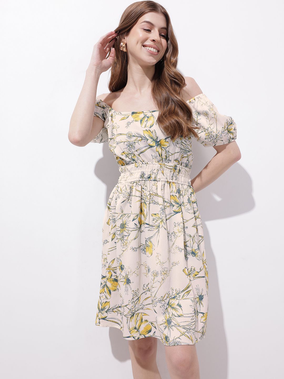 DressBerry Gleeful Spring Florals Bardot Fit & Flare Dress