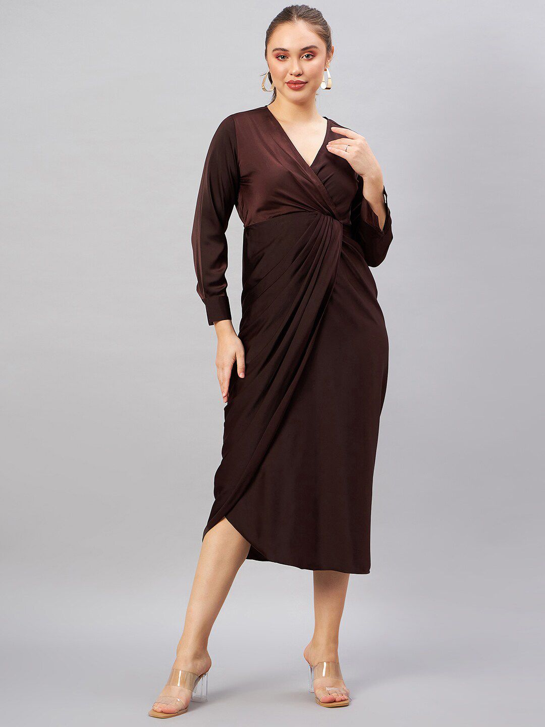 Antheaa Brown V-Neck Long Cuffed Sleeves Satin Wrap Midi Dress