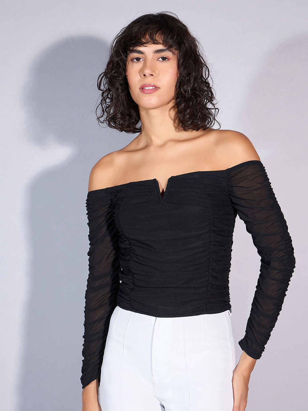 SASSAFRAS Striped Off-Shoulder Net Bardot Top