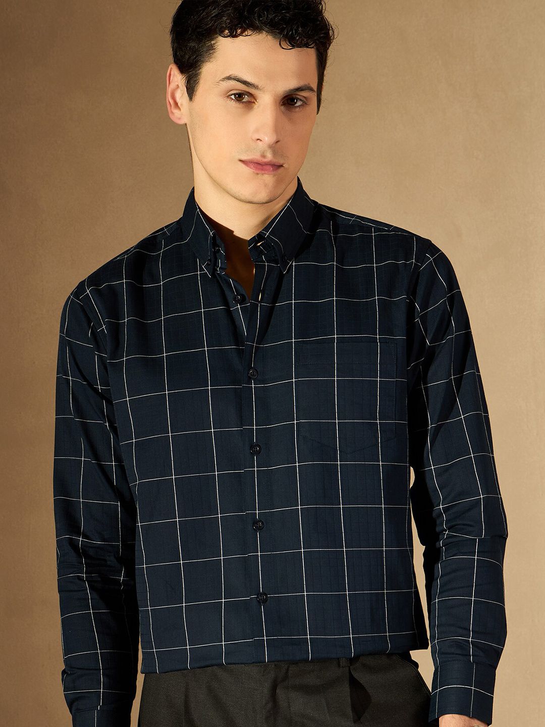 DENNISON Windowpane Checked Button-Down Collar Smart Cotton Formal Shirt