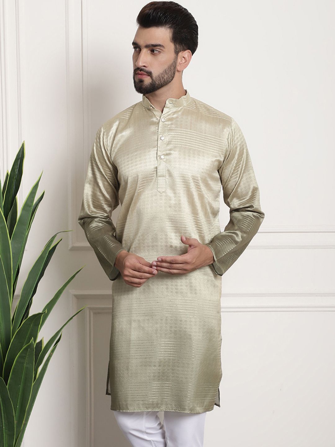 SOJANYA Lelaki Berwarna Emas Benang Kerja Jacquard Kurta