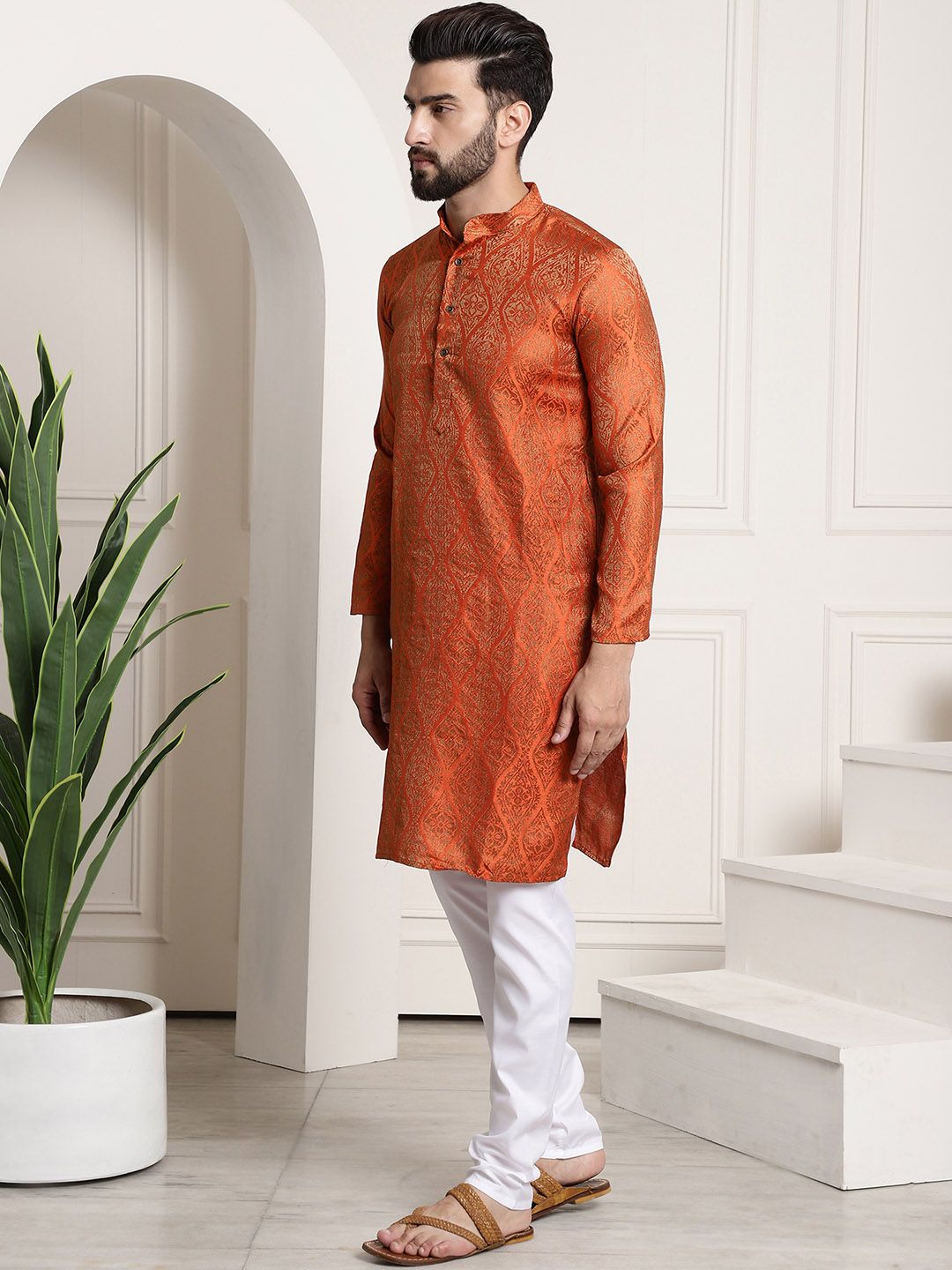 SOJANYA Men Orange & Golden Ethnic Motifs Woven Design Kurta with Churidar