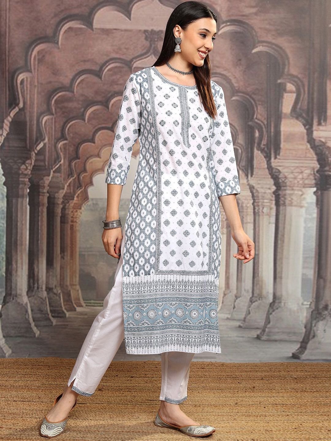 Vishudh White Floral Printed Pure Cotton Straight Kurta With Trousers & Dupatta