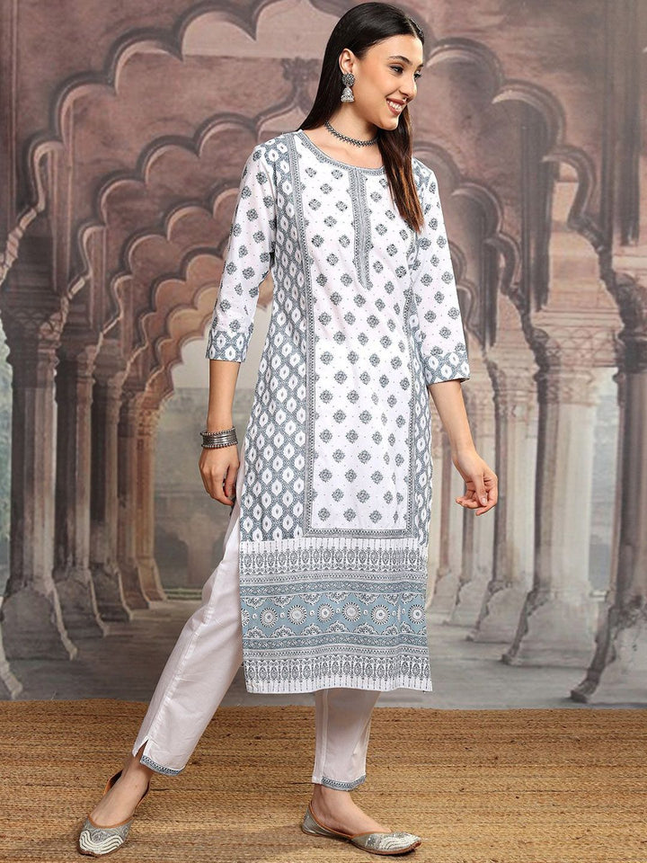 Vishudh White Floral Printed Pure Cotton Straight Kurta With Trousers & Dupatta