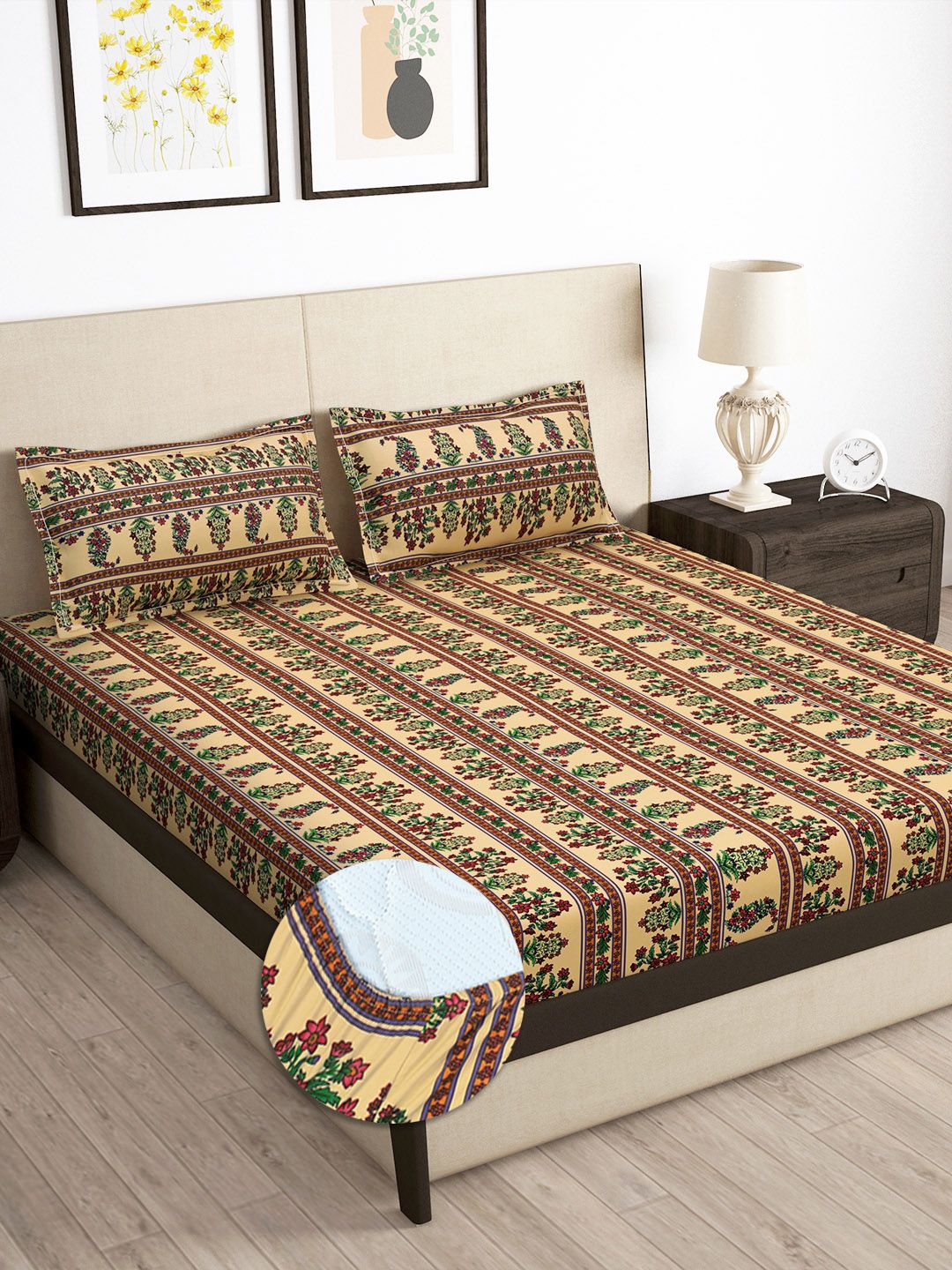 Story@home Arena Beige & Green Printed 180 TC Fitted King Bedsheet & 2 Pillow Covers
