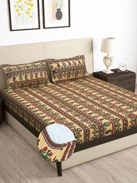Story@home Arena Beige & Green Printed 180 TC Fitted King Bedsheet & 2 Pillow Covers