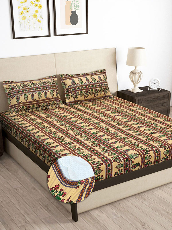 Story@home Arena Beige & Green Printed 180 TC Fitted King Bedsheet & 2 Pillow Covers