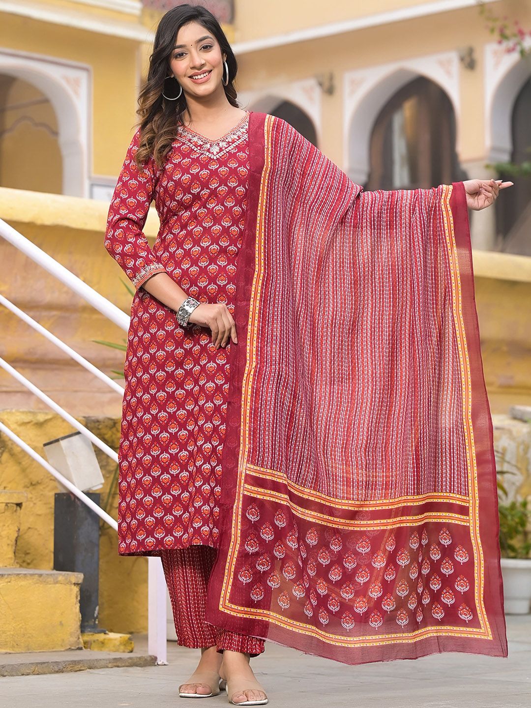 KALINI Ethnic Motifs Printed Regular Straight Kurta With Trousers & Dupatta