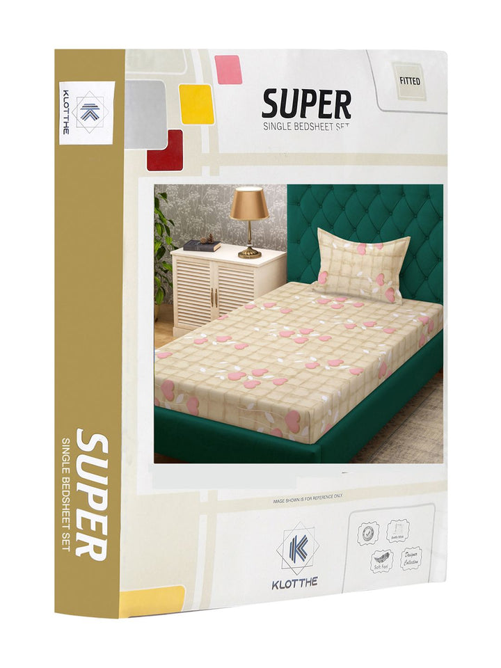 KLOTTHE Beige & Pink Pure Cotton 400 TC Fitted Single Bedsheet With Pillow Cover