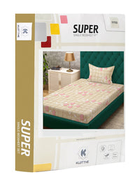 KLOTTHE Beige & Pink Pure Cotton 400 TC Fitted Single Bedsheet With Pillow Cover