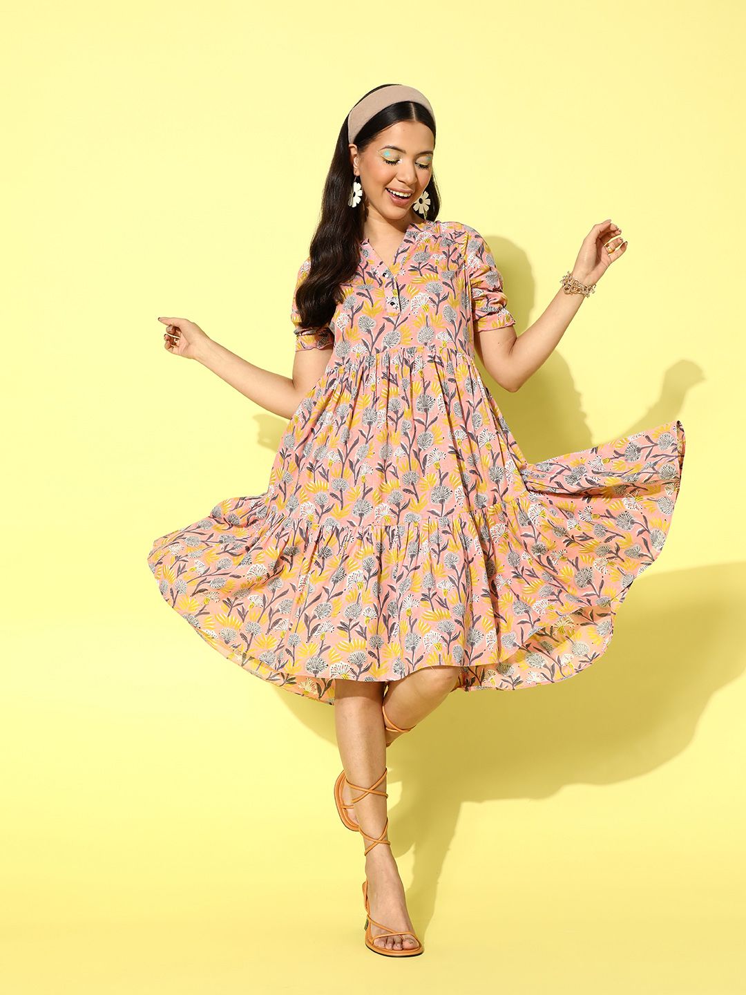 Antheaa Floral Print Cotton A-Line Dress