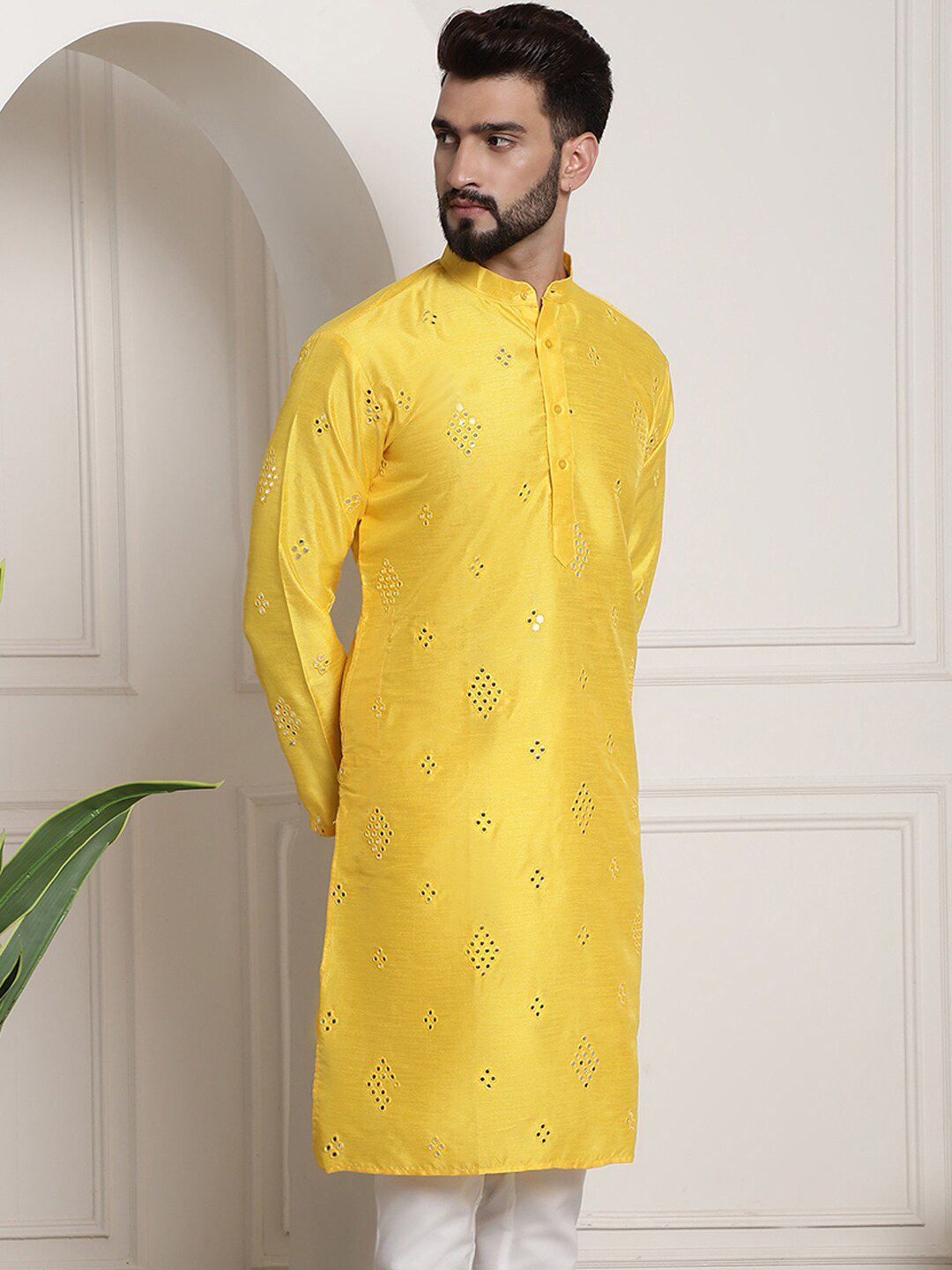 SOJANYA Embellished Mirror Work Detailed Band Collar Cotton Silk Kurta