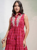 Vishudh Printed Shirt Collar Embroidered Bodice Sleeveless Tiered Midi Dress