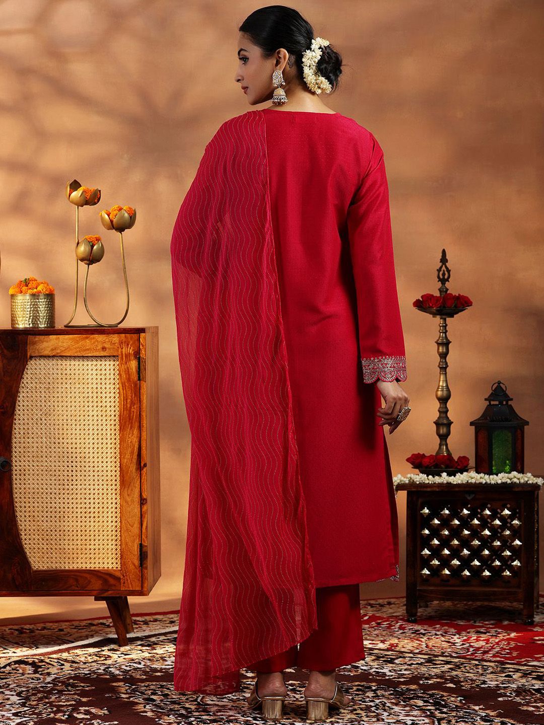 Libas Floral Embroidered Sequinned Dobby Weave Straight Kurta With Trousers & Dupatta