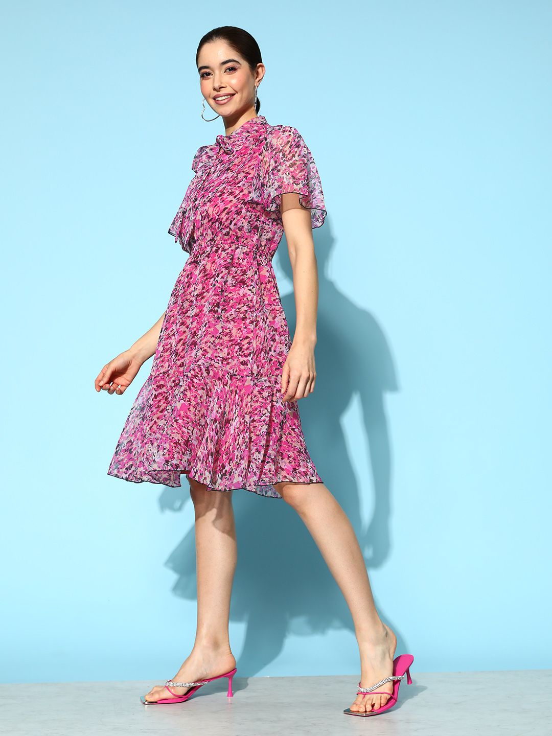 Antheaa Pink & Multicoloured Tie-Up Neck Flared Sleeves Chiffon A-Line Dress